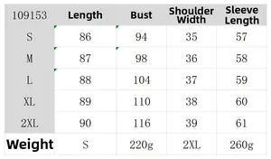 Size chart for women's printed long sleeve dress detailing length, bust, and shoulder measurements