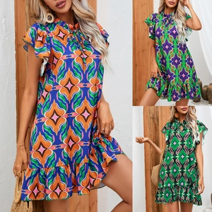 Women's Summer Bohemian Geometric Floral Print Mini Dress Ruffle Flutter Sleeve Tie Neck A-Line Vacation Beach Short Dress