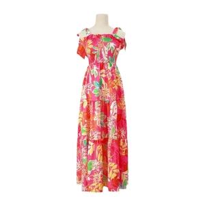 Tropical floral print tiered maxi dress with ruched bodice and tie straps in bright pink