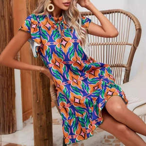 Summer floral print mini dress with ruffle sleeves and vibrant bohemian pattern details
