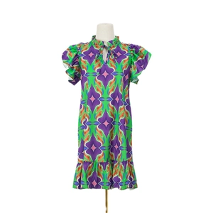Women's summer ruffle short dress featuring vibrant geometric prints and a bow neckline