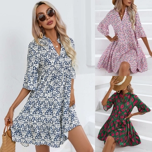 Robe Mini à Étages Bohème pour Femmes Col en V Décontractée Imprimé Floral Géométrique Manches Cloches Robe de Plage Vacances