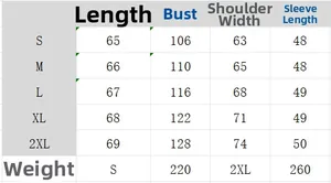 Size chart with measurements for lace patchwork long sleeve shirt in sizes S to 2XL