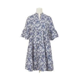 Robe d'été pour femmes à col en V avec imprimé floral bohème bleu et blanc à volants