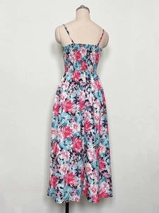 Détail du dos smocké et de l'imprimé floral sur cette robe d'été longue et fluide