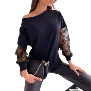 Women's black off-shoulder long sleeve top with floral lace patchwork sleeves