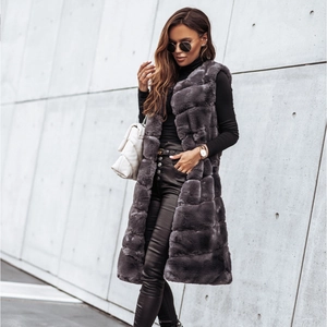 Gilet Long en Fausse Fourrure pour Femme Sans Manches Col Rond Couleur Unie Veste Chaude pour Automne Hiver Streetwear