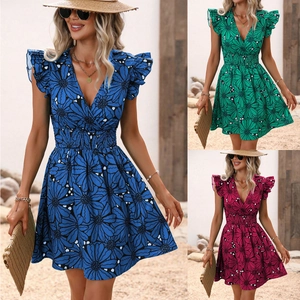 Robe Mini Femme Imprimé Floral Col en V Manches Volantées Taille Smokée Vacances Décontracté Robe Courte Trapèze Plage