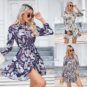 Women's Casual Floral Print Long Sleeve Shirt Dress V Neck Button Down Belted Ruffle Mini Dress Vacation Style Wear