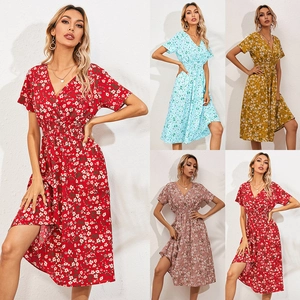 Women's V Neck Short Sleeve Floral Dress Summer Smocked Waist Midi Dress Tropical Leaf Patchwork Vacation Beach Dress