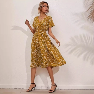 Ginger yellow floral V-neck dress with puff sleeves and A-line silhouette for summer