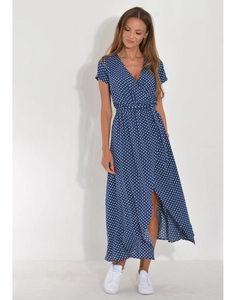 Detail of navy blue polka dot wrap dress with side slit and flattering V-neckline