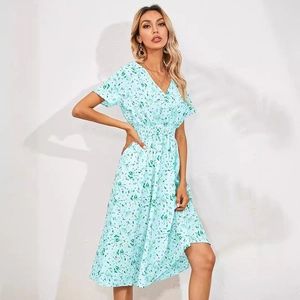 Light blue floral summer dress with V-neck, short sleeves and elastic high waist