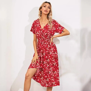 Summer red floral short sleeve V-neck maxi dress with high waist and ruffle details