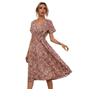 Women's V-neck floral midi dress with short sleeves and elastic waist in dusty pink