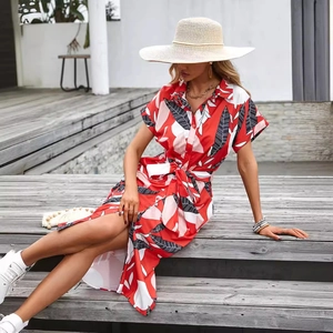 Women's summer shirt dress with red floral leaf print and adjustable waist belt