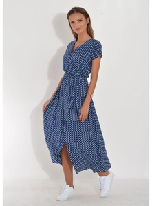 Detail of navy blue polka dot wrap dress with V-neckline and adjustable waist tie belt