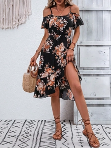 Detailed view of bohemian floral dress featuring ruffled hem and split front design