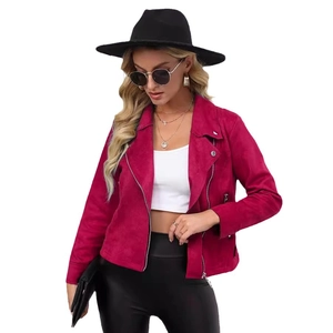 Damen Bikerjacke aus fuchsiafarbenem Wildleder mit Revers und Reißverschluss-Details