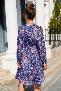 Back view of a long sleeve leopard print maxi dress with tie waist and flared skirt