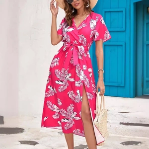 Rose pink floral wrap midi dress with V-neck, short sleeves and side slit for summer beach