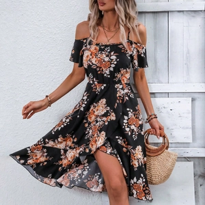 Women Cold Shoulder Floral Print Midi Dress Ruffle Short Sleeves Bohemian High Low Hem Summer Beach Vacation Dress