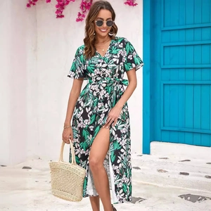 Tropical floral print maxi dress with V-neck wrap design and high side slit for summer