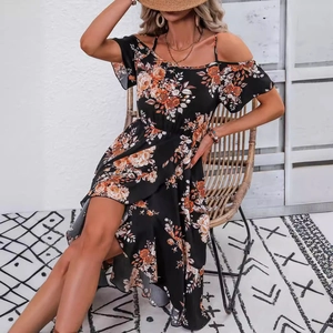 Floral off-shoulder maxi dress with spaghetti straps and asymmetric ruffled hemline