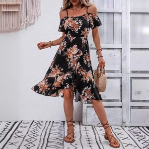 Floral off-shoulder midi dress with orange flowers and asymmetric ruffle hemline