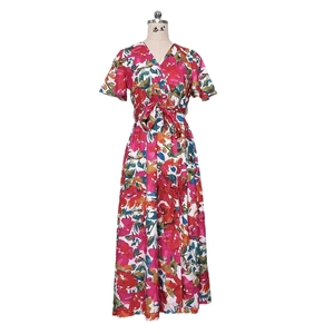 Floral print summer maxi dress with V-neck, waist tie, and elegant split hem for women