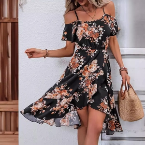 Floral print summer slip dress with ruffle sleeves and asymmetrical high-low hemline