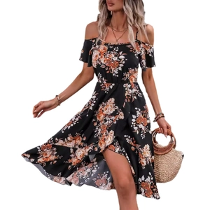 Floral print cold shoulder maxi dress with spaghetti straps and asymmetric ruffled hemline