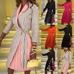Fashion Women Notched Lapel Pleated Midi Dress With Waist Tie Metal Buckle Elegant Short Sleeve Office Party Spliced Dress