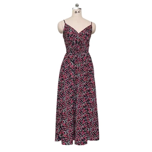Robe longue fleurie à col en V avec bretelles et taille élastique en rouge et rose