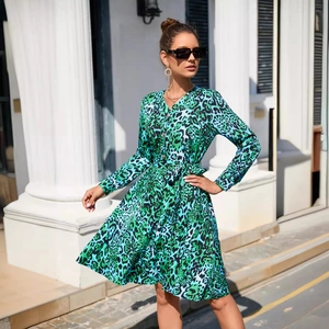 Women's emerald green leopard print long sleeve V-neck A-line dress with waist tie
