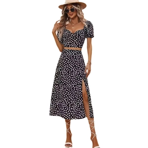 Women's summer two-piece set featuring V-neck puff sleeve top and high-slit floral skirt