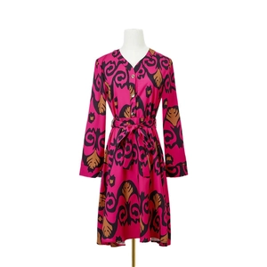 Floral print long sleeve V-neck midi dress in magenta with waist tie belt and buttons