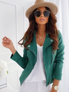 Detail of forest green faux suede biker jacket with diagonal zipper and notched lapels