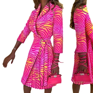 Women's V-neck zebra print pleated dress with waist tie and vibrant pink yellow pattern