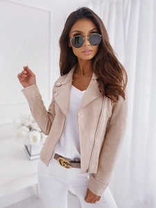 Detail of beige faux suede moto jacket with lapel collar and silver zipper