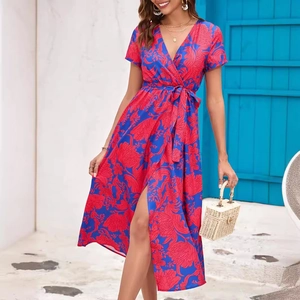 Floral print V-neck wrap dress with side slit and waist tie in blue and red