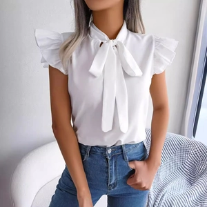 White sleeveless chiffon blouse with ruffle sleeves and bow tie neck for women