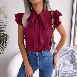 Elegant wine red short sleeve blouse with bow tie neck and ruffle sleeves for women