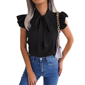 Elegant black sleeveless chiffon shirt with tie-up bow neck and ruffled shoulder details
