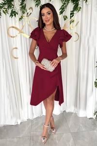 Close-up of ruffled short sleeves and deep V-neckline on this burgundy slim fit dress