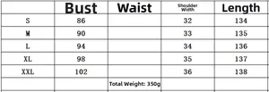 Detailed size chart for the V-neck sleeveless slit dress including bust and length