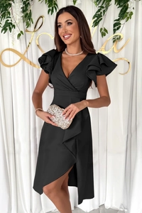 Detail of elegant black V-neck midi dress with ruffled short sleeves and slit hem