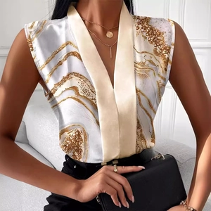 Haut élégant sans manches à col en V, satin soyeux et motif marbré doré luxueux