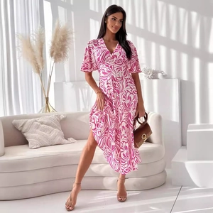 Floral print V-neck summer dress with waist tie and ruffle sleeves for women in pink