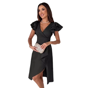 Elegant black V-neck midi dress with ruffled sleeves and wrap silhouette for women